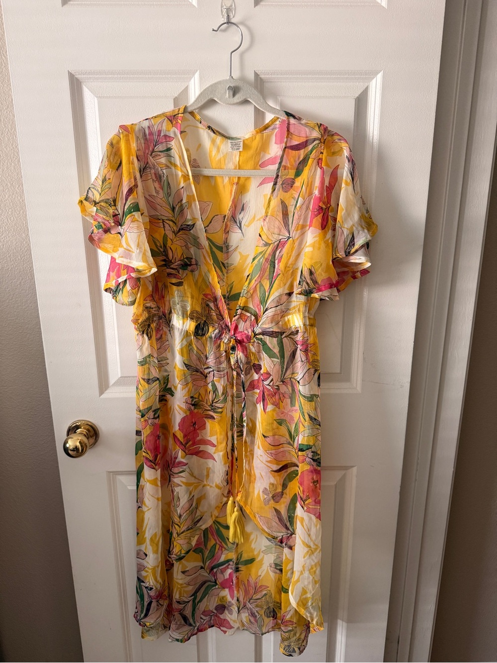 Yellow Floral V-Neck Tie Bathing Suit Cover